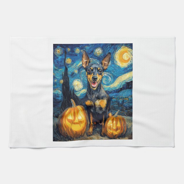 Miniature Pinscher Cute Dog Halloween Jack O Lante Geschirrtuch (Horizontal)