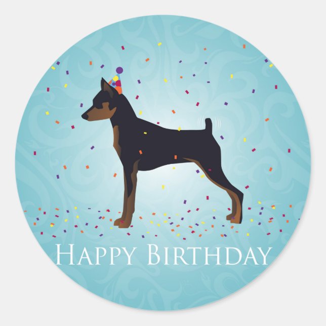 Miniature Pinscher Happy Birthday Design Runder Aufkleber (Vorderseite)