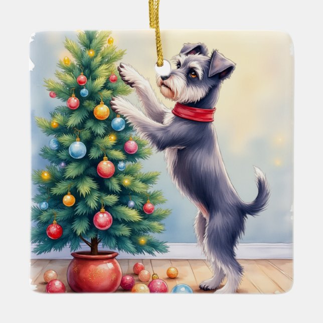 Miniature Schnauzer Decorating Christmas Tree Dog  Keramikornament (Vorderseite)