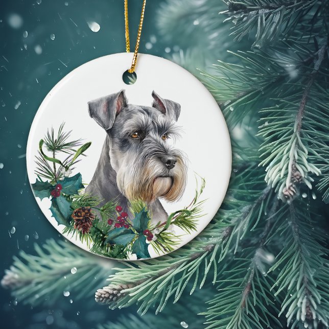 Miniature Schnauzer Dog Portrait Holly Wreath Keramik Ornament (Von Creator hochgeladen)