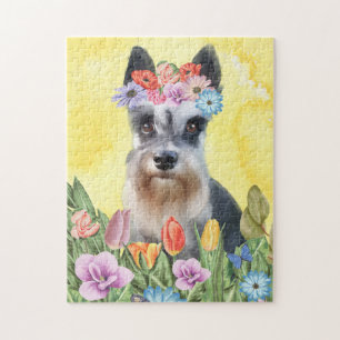 Miniature Schnauzer Dog with Flowers Spring Puzzle