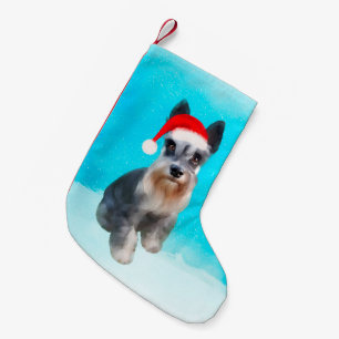 Miniature Schnauzer Hund in Schnee Weihnachtshut Kleiner Weihnachtsstrumpf