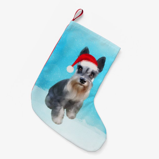 Miniature Schnauzer Hund in Schnee Weihnachtshut Kleiner Weihnachtsstrumpf (Vorderansicht (hängend))