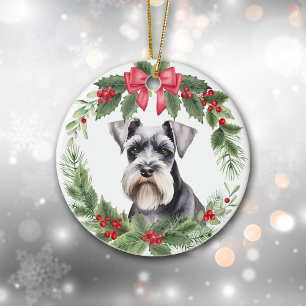 Miniature Schnauzer Terrier Red Bow Wreath Keramik Ornament
