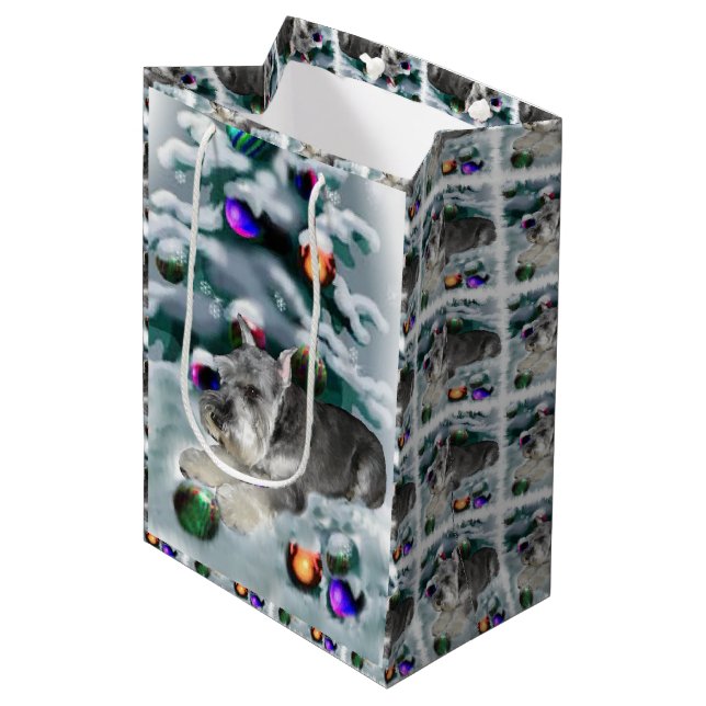 Miniature Schnauzer Weihnachtszeit Mittlere Geschenktüte (Vorderseite Schrägansicht)