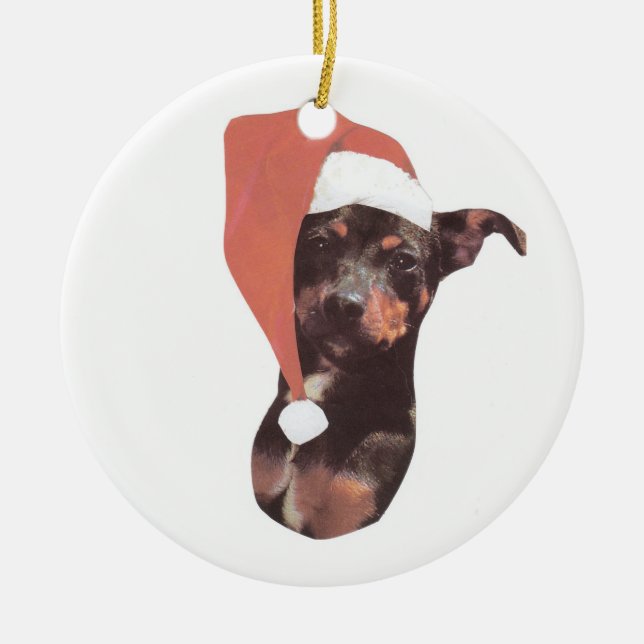 Miniaturpinscher-Weihnachtsmannmütze-Verzierung Keramik Ornament (Vorne)