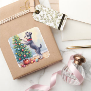 Miniaturschnauzer beim Schmücken des Weihnachtsbau Quadratischer Aufkleber