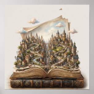 Miniaturstadt in einem offenen Buch – Surreal Fant Poster