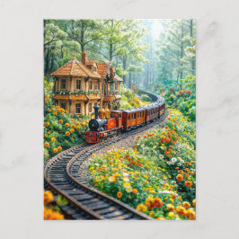 Miniaturzug, der sich durch die Frühlingshügel zie Feiertagspostkarte