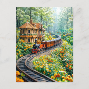 Miniaturzug, der sich durch die Frühlingshügel zie Feiertagspostkarte