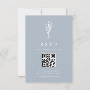 Minimailist Bouquet Dusty Blue QR Code Wedding RSVP Karte