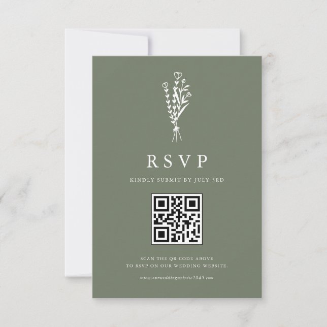 Minimailist Bouquet Taupe Green QR Code Hochzeit RSVP Karte (Vorderseite)