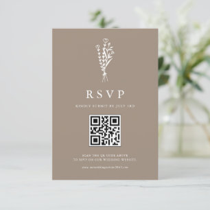 Minimailist Floral Bouquet Taupe QR Code Wedding RSVP Karte