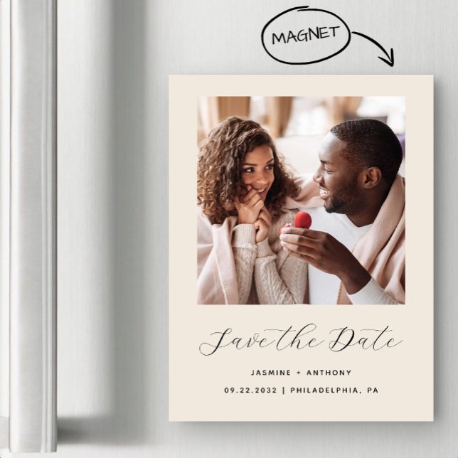 Minimal 1 Foto Script Beige Save the Date Magneteinladung (Von Creator hochgeladen)