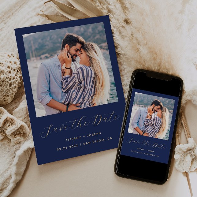 Minimal 1 Foto Script Navy Blue Gold Save The Date (Von Creator hochgeladen)