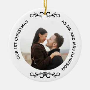 Minimal 1. Weihnachten als Mr. und Mrs. Foto Keramik Ornament