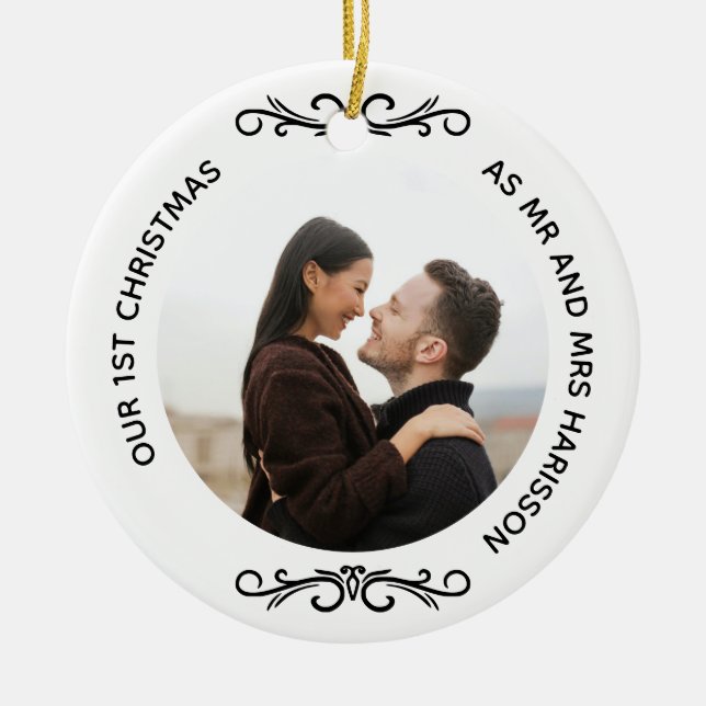 Minimal 1. Weihnachten als Mr. und Mrs. Foto Keramik Ornament (Vorne)