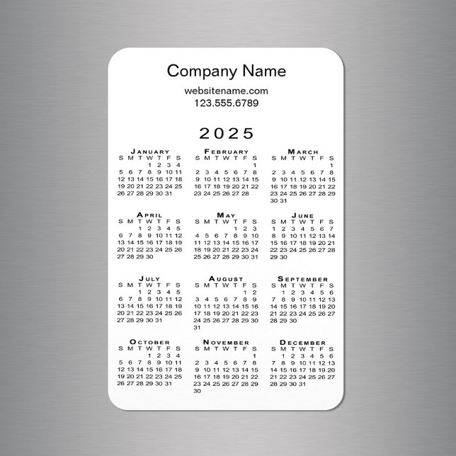 Minimal 2025 Kalender Firmenname Info über White Magnet (Minimal 2025 Calendar Company Name Info on White Magnet in situ)