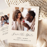 Minimal 2-Foto Beige Save the Date Ankündigungspostkarte<br><div class="desc">Diese einfache, minimalistische Save the Date Postkarte weist ein quadratisches Foto über den Worten "Save the Date" in eleganter schwarzer Schrift auf, gefolgt von den Namen der Ehepaare, dem Hochzeitstag und der Stadt in sans serif Schriftart auf beige Hintergrund. Fügen Sie ein zweites, horizontales Foto und eine ausführlichere Nachricht mit...</div>