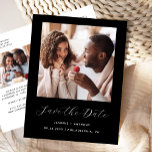 Minimal 2-Foto-Script Save the Date schwarz Ankündigungspostkarte<br><div class="desc">Diese einfache, minimalistische Save the Date Postkarte weist ein quadratisches Foto über den Worten "Save the Date" in elegantem, weißem Schriftsatz auf, gefolgt von den Namen der Ehepaare, dem Hochzeitstag und der Stadt in sans serif Schriftart auf schwarzem Hintergrund. Fügen Sie ein zweites, horizontales Foto und eine ausführlichere Nachricht mit...</div>
