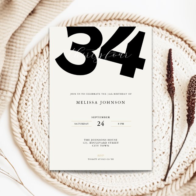 Minimal 34th Birthday Invitation - Bold Typo Einladung (Minimal 34th birthday invitation with bold typography)