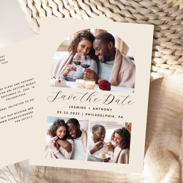 Minimal 3 Foto Collage Arch Beige Save the Date Postkarte (Von Creator hochgeladen)