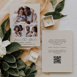 Minimal 3-Foto Collage Arch QR Code Beige Save The Date