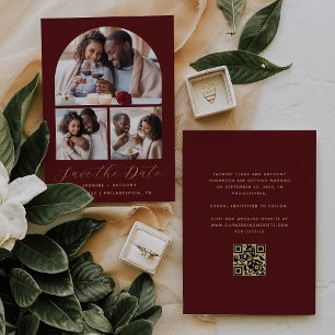 Minimal 3-Foto Collage Arch QR Code Burgundy Gold Save The Date