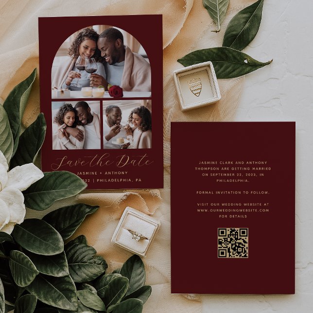 Minimal 3-Foto Collage Arch QR Code Burgundy Gold Save The Date (Von Creator hochgeladen)
