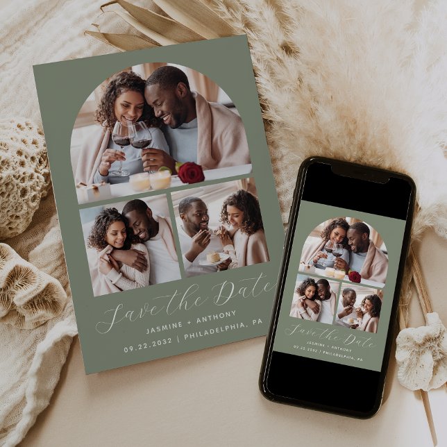 Minimal 3-Foto Collage Arch Sage Green Save The Date (Von Creator hochgeladen)