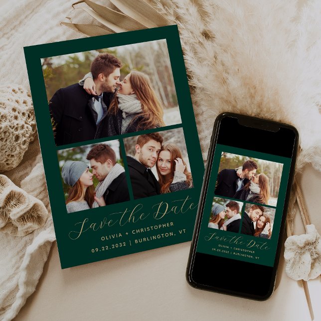 Minimal 3-Foto Collage Emerald Green Gold Save The Date (Von Creator hochgeladen)