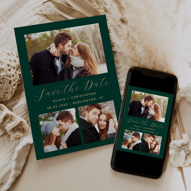 Minimal 3-Foto Collage Emerald Green Gold Save The Date (Von Creator hochgeladen)