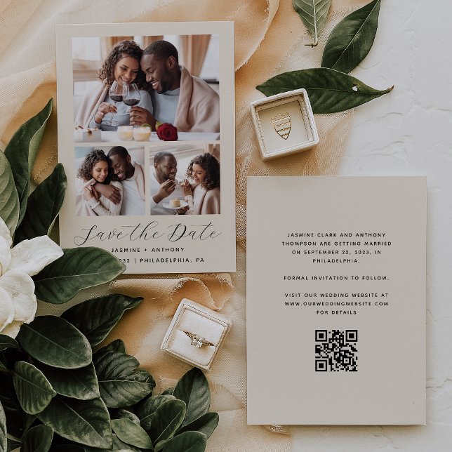 Minimal 3-Foto Collage QR Code Beige Save The Date (Von Creator hochgeladen)