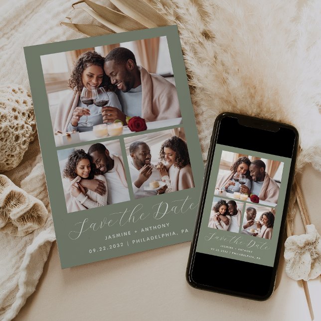 Minimal 3-Foto Collage Sage Green Save The Date (Von Creator hochgeladen)