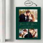 Minimal 3-Foto Emerald Green Gold Save the Date Magneteinladung<br><div class="desc">Diese schlichte,  minimalistische Save the Date Magnetkarte weist ein horizontales Foto über den Worten "Save the Date" in elegantem goldfarbenem Handschriftenschreiben auf,  gefolgt von den Namen der Ehepaare,  dem Hochzeitstag und der Stadt in sans serif Schriftart auf einem smaragdgrünen Hintergrund. Zwei kleinere,  quadratische Fotos erscheinen unten auf der Karte.</div>