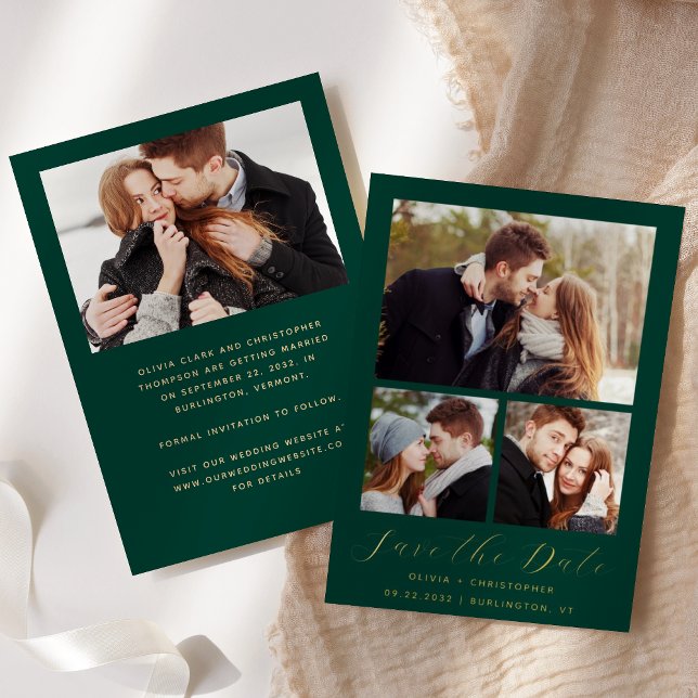 Minimal 4-Foto Emerald Green Gold Save the Date Folieneinladung (Von Creator hochgeladen)