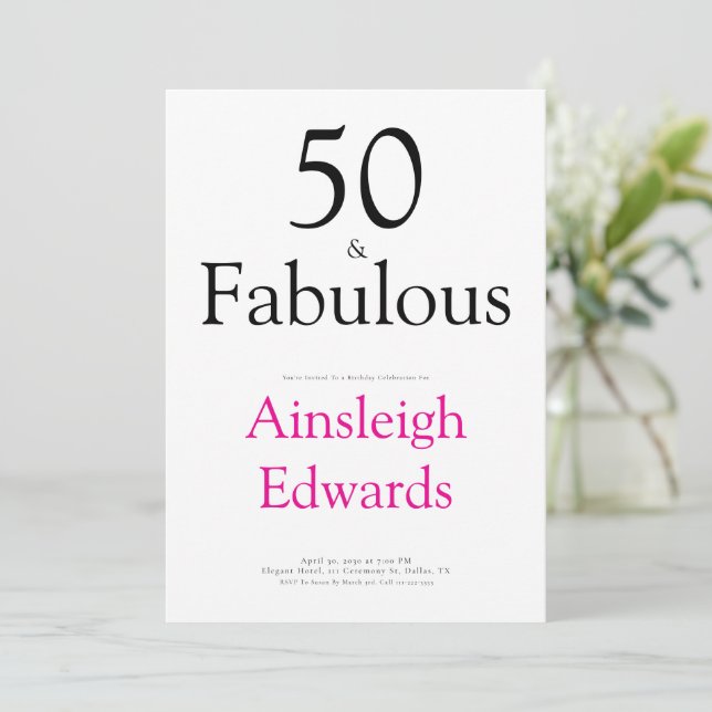 Minimal 50 & Fabulous Pink Fiftieth Birthday Party Einladung (Stehend Vorderseite)