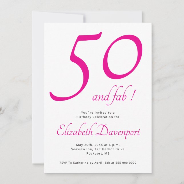 Minimal 50 und Fab Pink Geburtstag Einladung (Vorderseite)