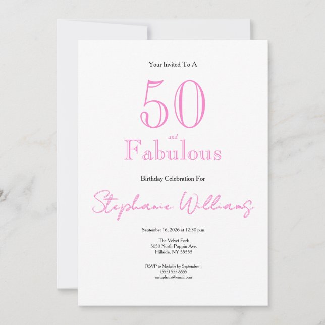 Minimal 50 und Fabulous Pink 50. Geburtstag Einladung (Vorderseite)