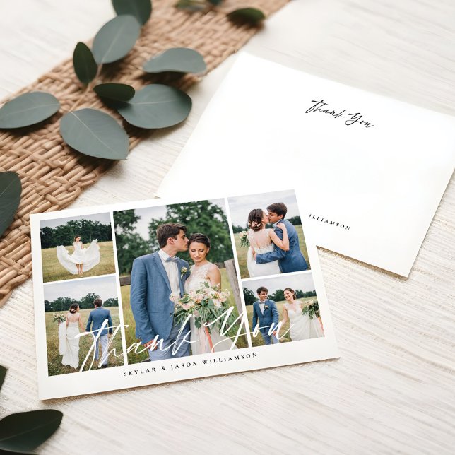 Minimal 5 Foto Collage White Brush Script Hochzeit Einladung (Minimal 5 Photo Collage White Brush Script Wedding Invitation)