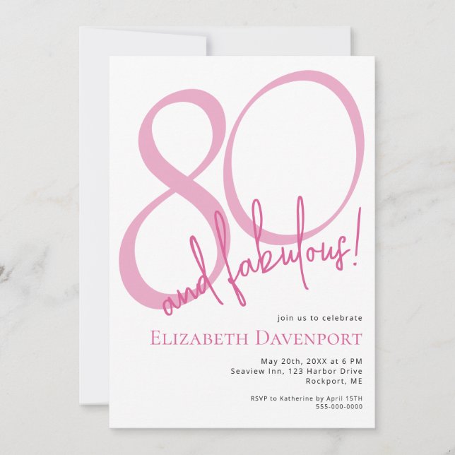 Minimal 80 und Fabelhaft Pink Geburtstag Einladung (Vorderseite)