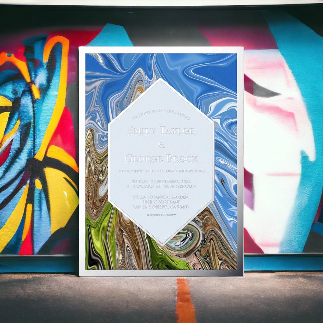 Minimal Abstrakt blaue Grüne Natur Hochzeitssilber Folieneinladung (Von Creator hochgeladen)