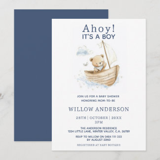 Minimal Ahoy It's A Boy Teddy Segelboot Baby Showe Einladung