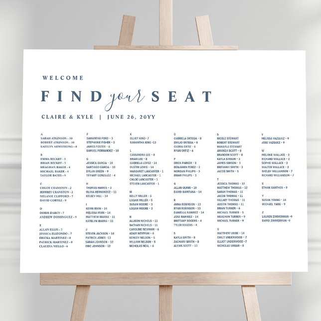 Minimal Alphabetisches Blue Wedding Seating Chart Poster (Von Creator hochgeladen)