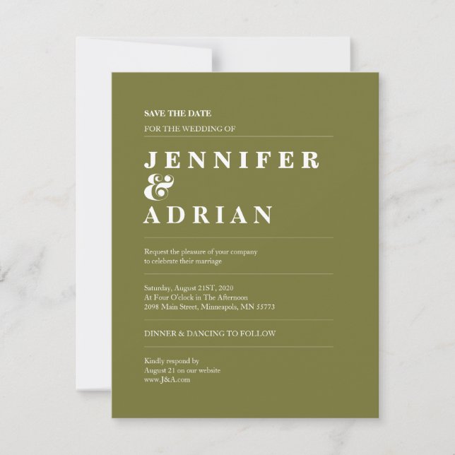 Minimal alte Moosgrüne Hochzeit retten das Datum (Vorderseite)