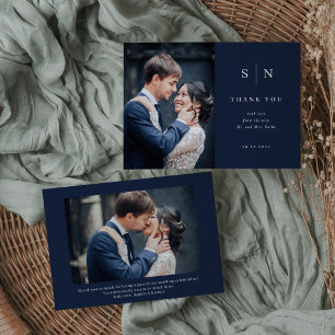 Minimal and Chic   Navy Blue Two Photo Wedding Dankeskarte