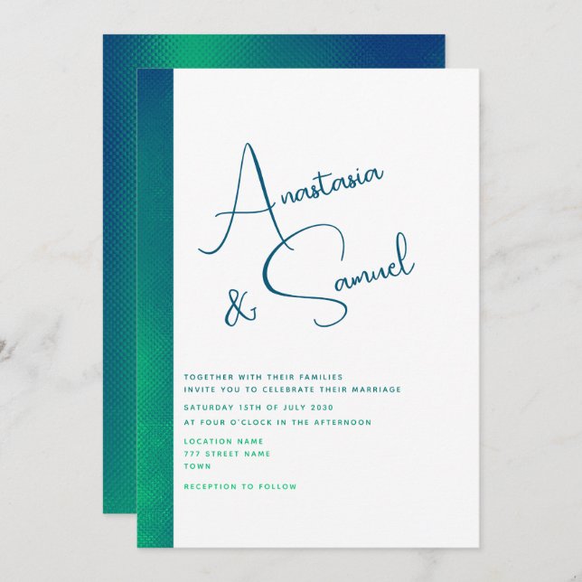 Minimal Aquamarin grüne Moderne Hochzeitseinladung Einladung (Vorne/Hinten)