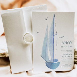 Minimal Aquarelle Sailboat Babydusche Ahoy Boy's Einladung