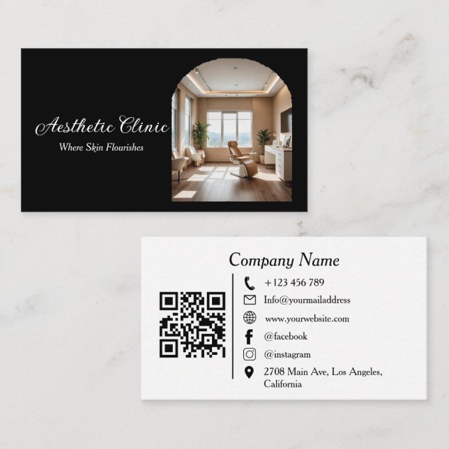 Minimal Arch Aesthetic Clinic QR Code Black White Visitenkarte (Vorne/Hinten)
