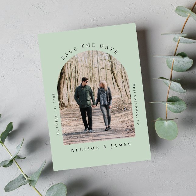 Minimal Arched Foto Sage Green Save The Date (Easily upload your photo and add your names, wedding date and location)